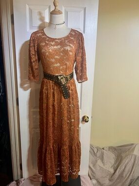 Closet London Wms Copper Floral Lace Mesh Sheer Tiered Boho Cotage Midi Dress 10